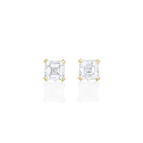 Dominique Cohen two carat (pair) asscher-cut diamond stud earrings in 18K yellow gold<span class='visuallyhidden'>; shop help at 760-978-9297.</span>