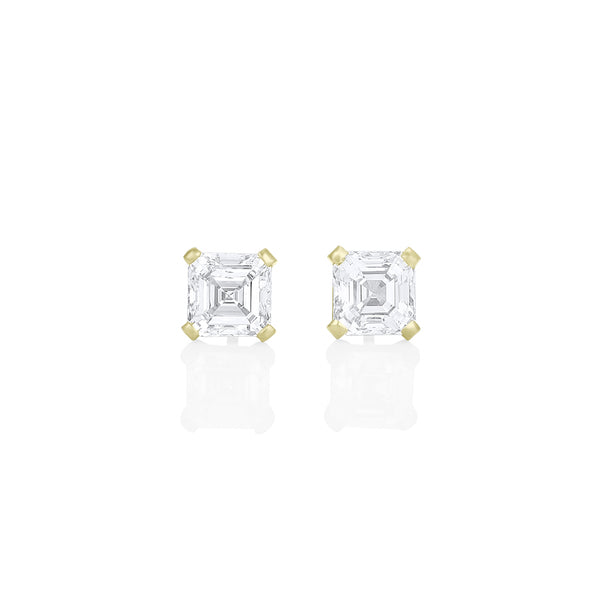 Dominique Cohen two carat (pair) asscher-cut diamond stud earrings in 18K yellow gold<span class='visuallyhidden'>; shop help at 760-978-9297.</span>