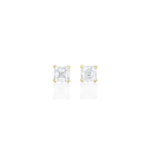 Dominique Cohen two carat (pair) asscher-cut diamond stud earrings in 18K yellow gold<span class='visuallyhidden'>; shop help at 760-978-9297.</span>