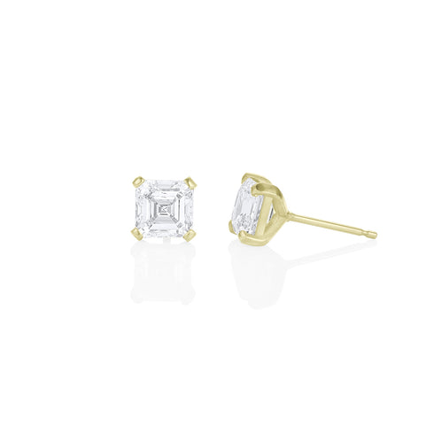 head-on + side views of our asscher-cut diamond stud earring<span class='visuallyhidden'>; shop help at 760-978-9297.</span>
