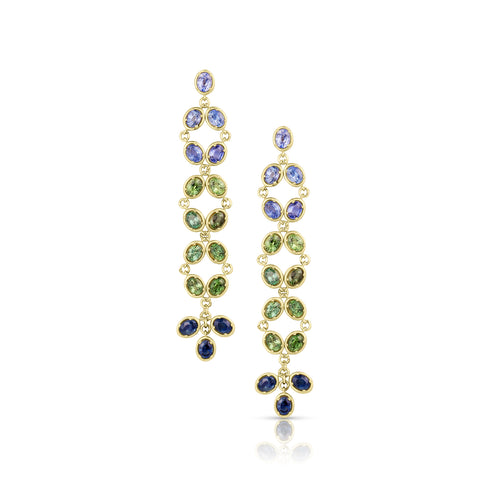 Dominique Cohen ombré green-to-blue sapphire ovals duster fringe earring on post earwire, in 18k yellow gold<span class='visuallyhidden'>; shop help at 760-978-9297.</span>