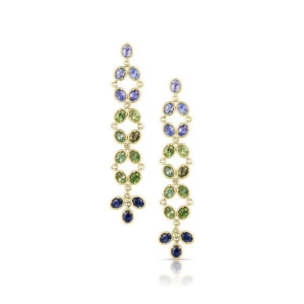 Dominique Cohen ombré green-to-blue sapphire ovals duster fringe earring on post earwire, in 18k yellow gold<span class='visuallyhidden'>; shop help at 760-978-9297.</span>