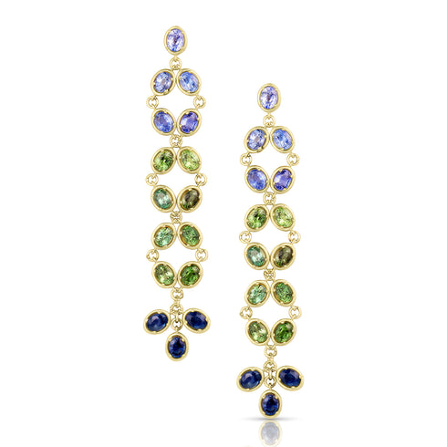 Dominique Cohen ombré green-to-blue sapphire ovals duster fringe earring on post earwire, in 18k yellow gold<span class='visuallyhidden'>; shop help at 760-978-9297.</span>