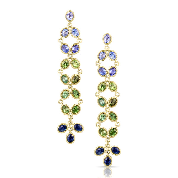 Dominique Cohen ombré green-to-blue sapphire ovals duster fringe earring on post earwire, in 18k yellow gold<span class='visuallyhidden'>; shop help at 760-978-9297.</span>