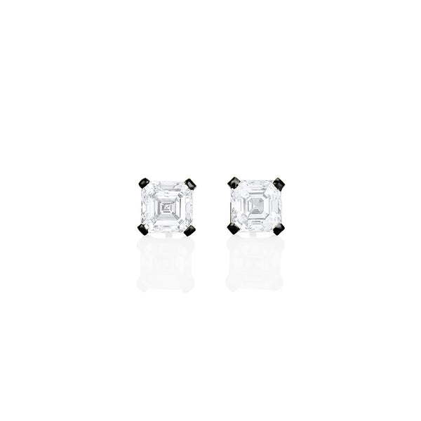 Dominique Cohen three carat pair of asscher diamond stud earrings, in 18k black gold<span class='visuallyhidden'>; shop help at 760-978-9297.</span>