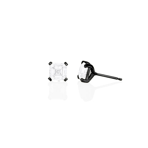three carat pair of asscher diamond studs, side view <span class='visuallyhidden'>; shop help at 760-978-9297.</span>