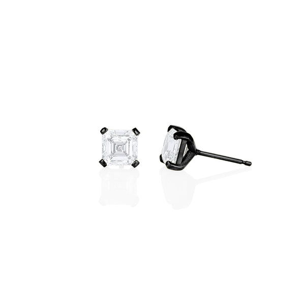 three carat pair of asscher diamond studs, side view <span class='visuallyhidden'>; shop help at 760-978-9297.</span>