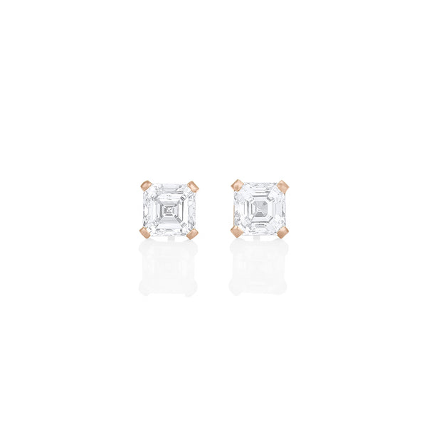 Dominique Cohen three carat pair of asscher diamond stud earrings, in 18k rose gold<span class='visuallyhidden'>; shop help at 760-978-9297.</span>