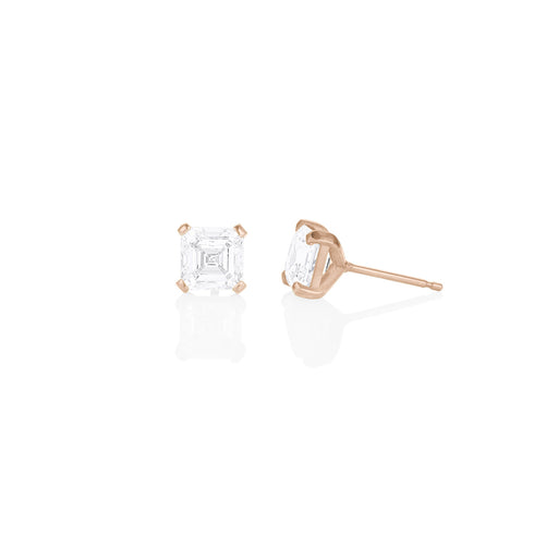 three carat pair of asscher diamond studs, side view <span class='visuallyhidden'>; shop help at 760-978-9297.</span>