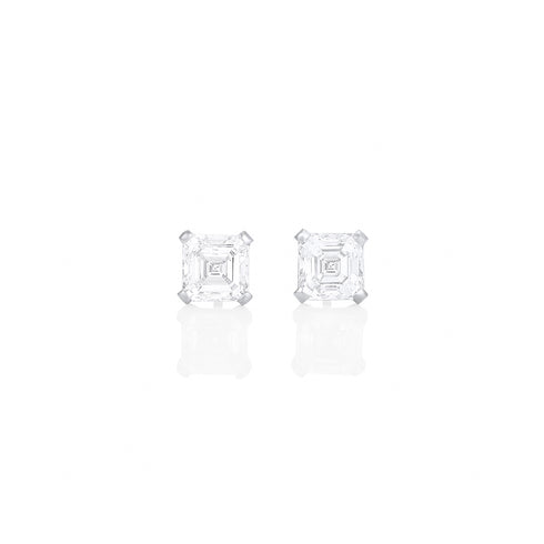 Dominique Cohen three carat (pair) of asscher diamond stud earrings, in 18k white gold<span class='visuallyhidden'>; shop help at 760-978-9297.</span>