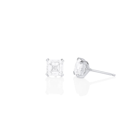 three carat pair of asscher diamond studs, side view <span class='visuallyhidden'>; shop help at 760-978-9297.</span>