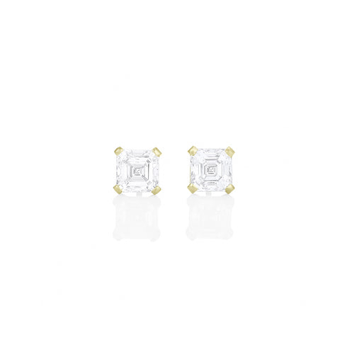 Dominique Cohen three carat pair of asscher diamond stud earrings, in 18k yellow gold<span class='visuallyhidden'>; shop help at 760-978-9297.</span>