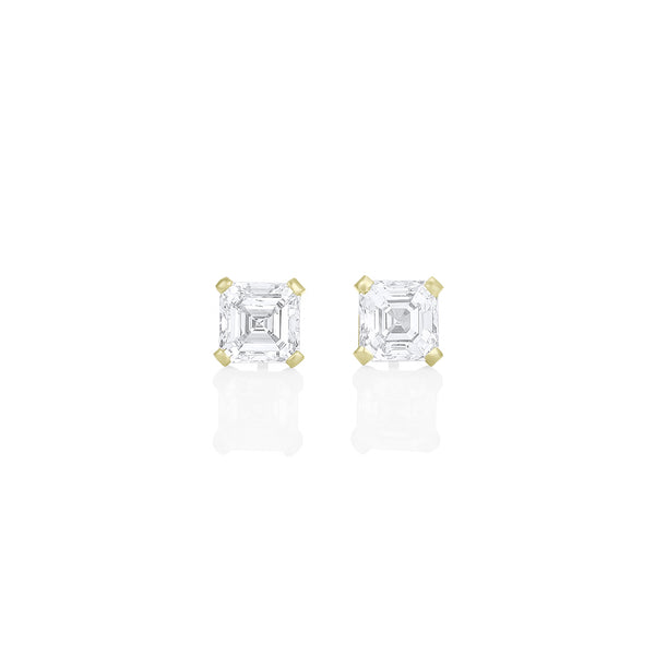 Dominique Cohen three carat pair of asscher diamond stud earrings, in 18k yellow gold<span class='visuallyhidden'>; shop help at 760-978-9297.</span>