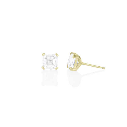 three carat pair of asscher diamond studs, side view <span class='visuallyhidden'>; shop help at 760-978-9297.</span>