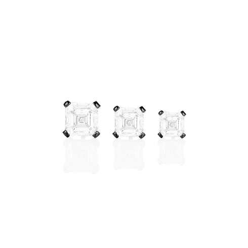 Dominique Cohen asscher-cut diamond studs in 4ct, 3ct, 2ct sizes, in 18k black gold<span class='visuallyhidden'>; shop help at 760-978-9297.</span>