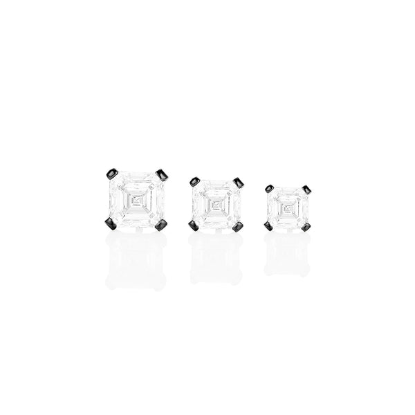 Dominique Cohen asscher-cut diamond studs in 4ct, 3ct, 2ct sizes, in 18k black gold<span class='visuallyhidden'>; shop help at 760-978-9297.</span>