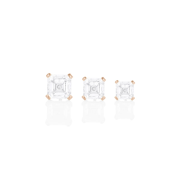 Dominique Cohen asscher-cut diamond studs in 4ct, 3ct, 2ct sizes, in 18k rose gold<span class='visuallyhidden'>; shop help at 760-978-9297.</span>