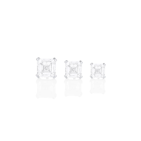Dominique Cohen asscher-cut diamond studs in 4ct, 3ct, 2ct sizes, in 18k white gold<span class='visuallyhidden'>; shop help at 760-978-9297.</span>