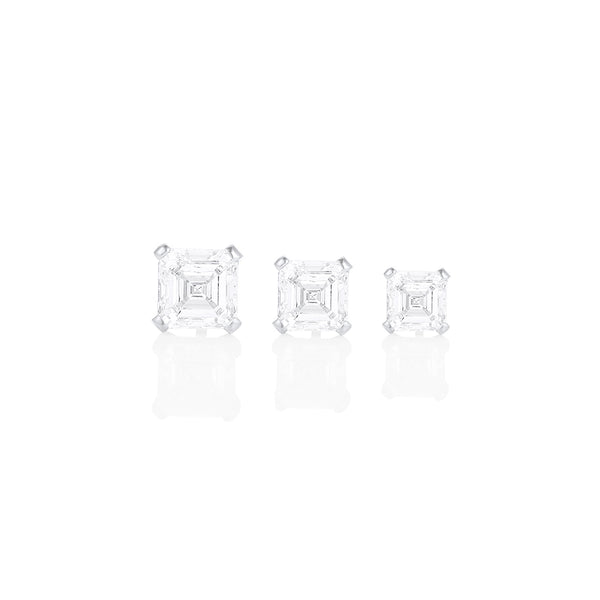 Dominique Cohen asscher-cut diamond studs in 4ct, 3ct, 2ct sizes, in 18k white gold<span class='visuallyhidden'>; shop help at 760-978-9297.</span>