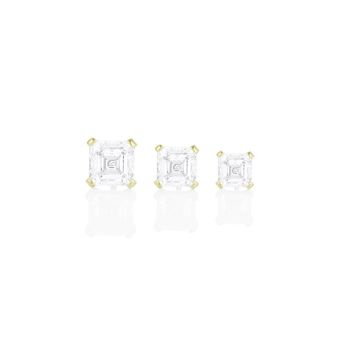 Dominique Cohen asscher-cut diamond studs in 4ct, 3ct, 2ct sizes, in 18k yellow gold<span class='visuallyhidden'>; shop help at 760-978-9297.</span>
