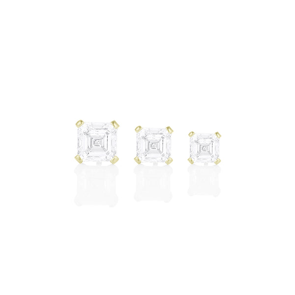 Dominique Cohen asscher-cut diamond studs in 4ct, 3ct, 2ct sizes, in 18k yellow gold<span class='visuallyhidden'>; shop help at 760-978-9297.</span>