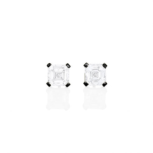 Dominique Cohen four carat (pair) of asscher-cut diamond stud earrings, in 18k black gold<span class='visuallyhidden'>; shop help at 760-978-9297.</span>