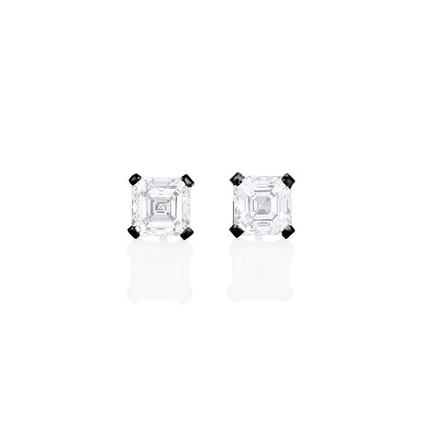 Dominique Cohen four carat pair of asscher-cut diamond stud earrings, in 18k black gold<span class='visuallyhidden'>; shop help at 760-978-9297.</span>