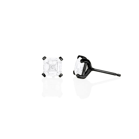 four carat pair of asscher diamond studs, side view <span class='visuallyhidden'>; shop help at 760-978-9297.</span>