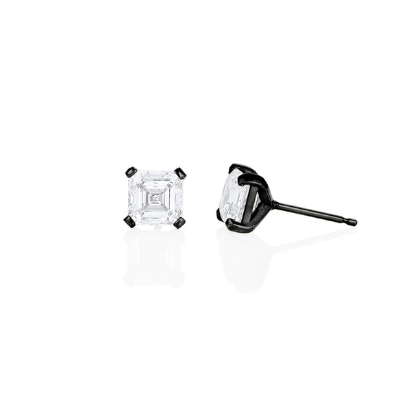 four carat pair of asscher diamond studs, side view <span class='visuallyhidden'>; shop help at 760-978-9297.</span>