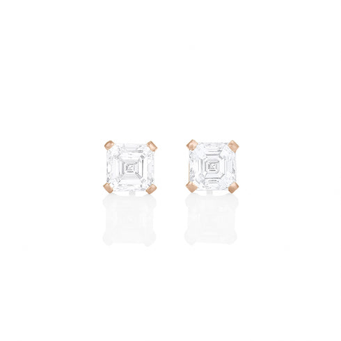 Dominique Cohen four carat (pair) of asscher-cut diamond stud earrings, in 18k rose gold<span class='visuallyhidden'>; shop help at 760-978-9297.</span>