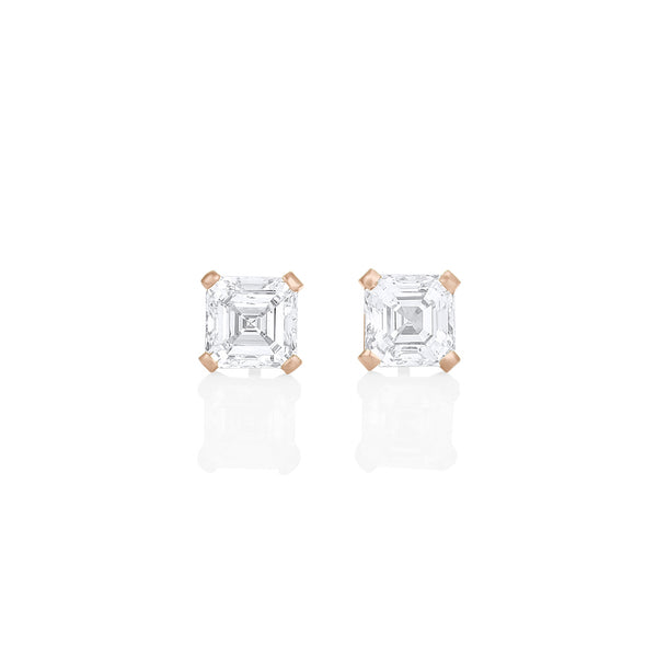 Dominique Cohen four carat pair of asscher-cut diamond stud earrings, in 18k rose gold<span class='visuallyhidden'>; shop help at 760-978-9297.</span>