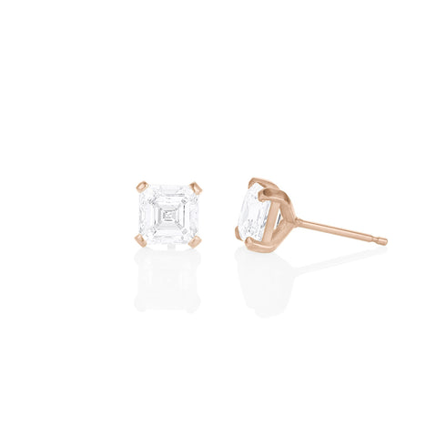 four carat pair of asscher diamond studs, side view <span class='visuallyhidden'>; shop help at 760-978-9297.</span>