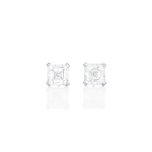 Dominique Cohen four carat (pair) of asscher-cut diamond stud earrings, in 18k white gold<span class='visuallyhidden'>; shop help at 760-978-9297.</span>