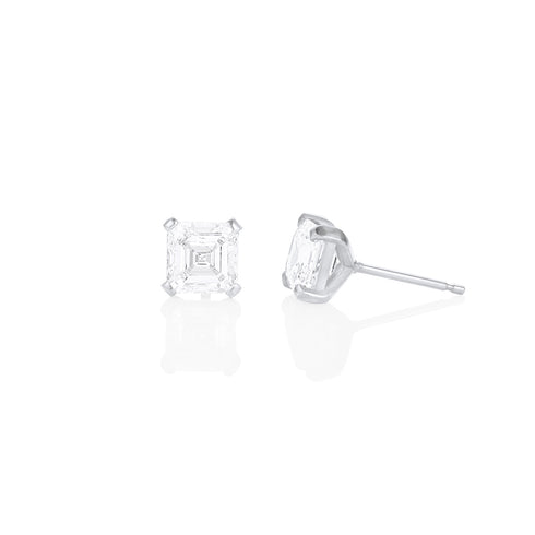 four carat pair of asscher diamond studs, side view <span class='visuallyhidden'>; shop help at 760-978-9297.</span>