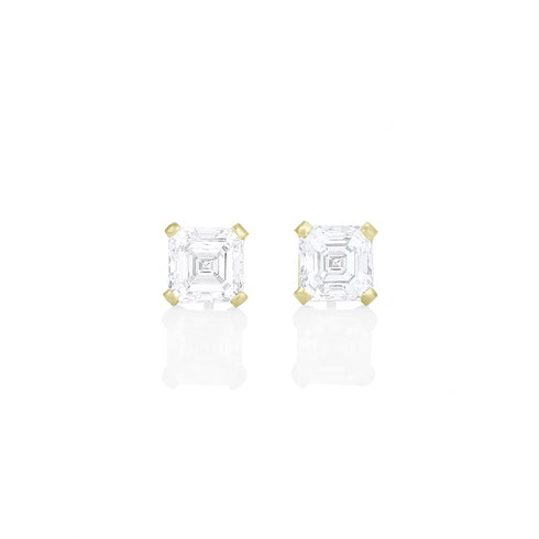 Dominique Cohen four carat pair of asscher-cut diamond stud earrings, in 18k yellow gold<span class='visuallyhidden'>; shop help at 760-978-9297.</span>