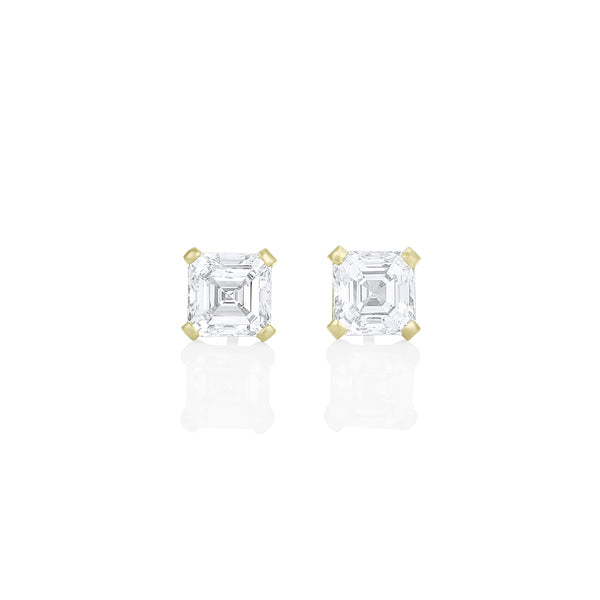 Dominique Cohen four carat pair of asscher-cut diamond stud earrings, in 18k yellow gold<span class='visuallyhidden'>; shop help at 760-978-9297.</span>