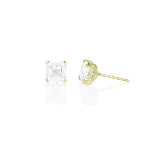 four carat pair of asscher diamond studs, side view <span class='visuallyhidden'>; shop help at 760-978-9297.</span>
