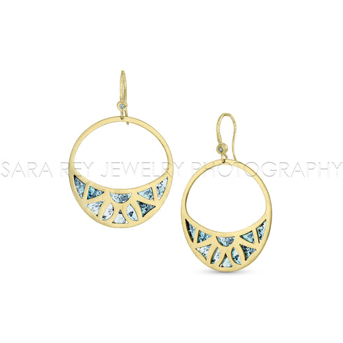 blue diamond slice stained glass face-front hoop earring,<br>in 18k yellow gold,<br>3.1ct