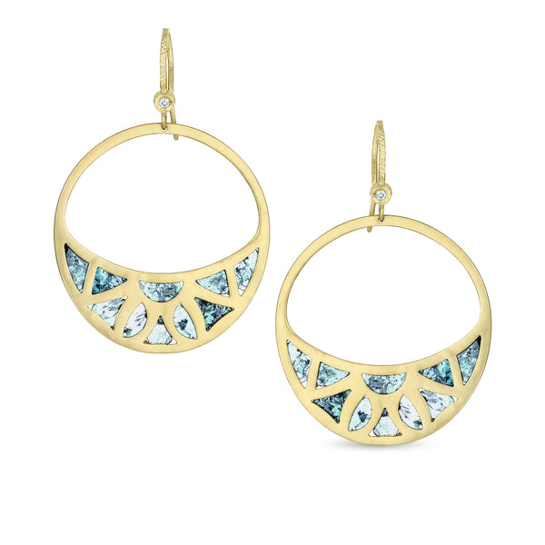 Dominique Cohen blue diamond slice stained-glass-design face-front earring, in 18k yellow gold with earwire diamond<span class='visuallyhidden'>; shop help at 760-978-9297.</span>