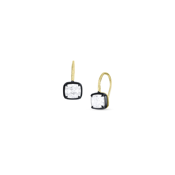Dominique Cohen cushion-cut vintage-look diamond earrings in black gold on shortie 18k yellow gold earwires<span class='visuallyhidden'>; shop help at 760-978-9297.</span>