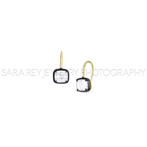 vintage cushion-cut diamond drop earrings on short wire,<br>in 18k black + yellow golds,<br>2.32ct
