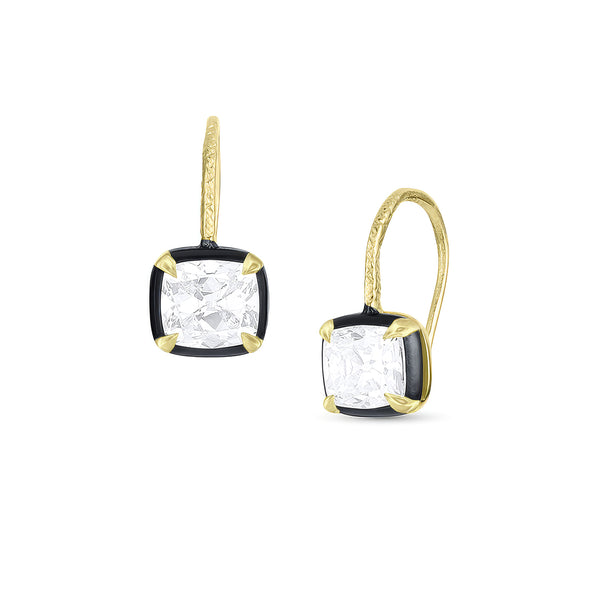 Dominique Cohen cushion-cut vintage-look diamond earrings in black gold on shortie 18k yellow gold earwires<span class='visuallyhidden'>; shop help at 760-978-9297.</span>