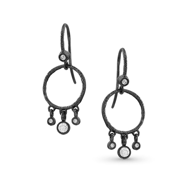 textured gold open halo, diamond fringe dangle earrings<br>in chic 18k black gold + bezel set white diamonds <span class='visuallyhidden'>Call or text 323-404-2959 for shopping assistance</span>