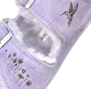 shearling suede sandal in purple fog size 7, with flower + hummingbird custom detail <span class='visuallyhidden'>Call, text 323-404-2959 for shopping help.</span>