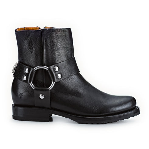 black leather (soft tumbled) moto boots with thunderbird hardware<span class='visuallyhidden'>; shopping help at 323-404-2959.</span>