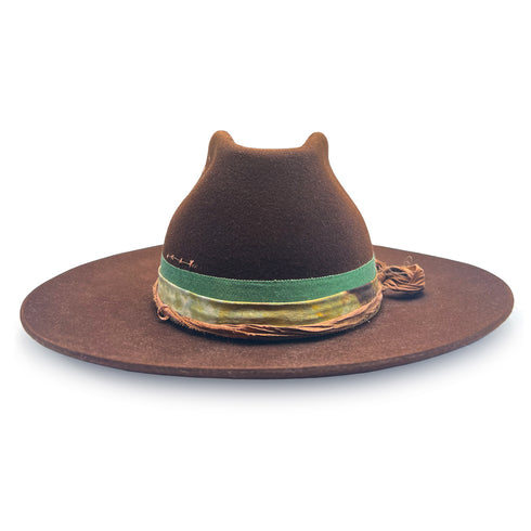 head-on view of this modern cowboy designer hat with a relaxed brim <span class='visuallyhidden'>Call, text 323-404-2959 for shopping assistance</span>