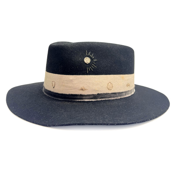 Big Kiss, a black felt sloping fedora hand-distressed + dressed in diamond-kissed yellow gold (plated); hand-dyed silk: art deco ribbon; and custom embroidery <span class='visuallyhidden'>Call or text 323-404-2959 if you need shopping assistance.</span>