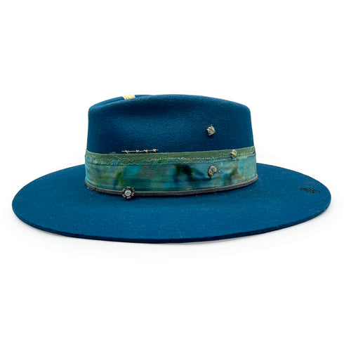 a Dominique Cohen classic felt fedora dressed in aquamarine, yellow gold, blackened sterling, and multi-dyed silks <span class='visuallyhidden'>Call, text 323-404-2959 for shop help.</span>