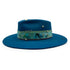a Dominique Cohen classic felt fedora dressed in aquamarine, yellow gold, blackened sterling, and multi-dyed silks <span class='visuallyhidden'>Call, text 323-404-2959 for shop help.</span>