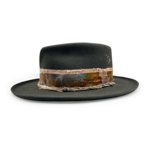 left profile, angled forward, includes a diamond-centered flower along the twisted silk band<span class='visuallyhidden'>; shopping help at 323-404-2959.</span>